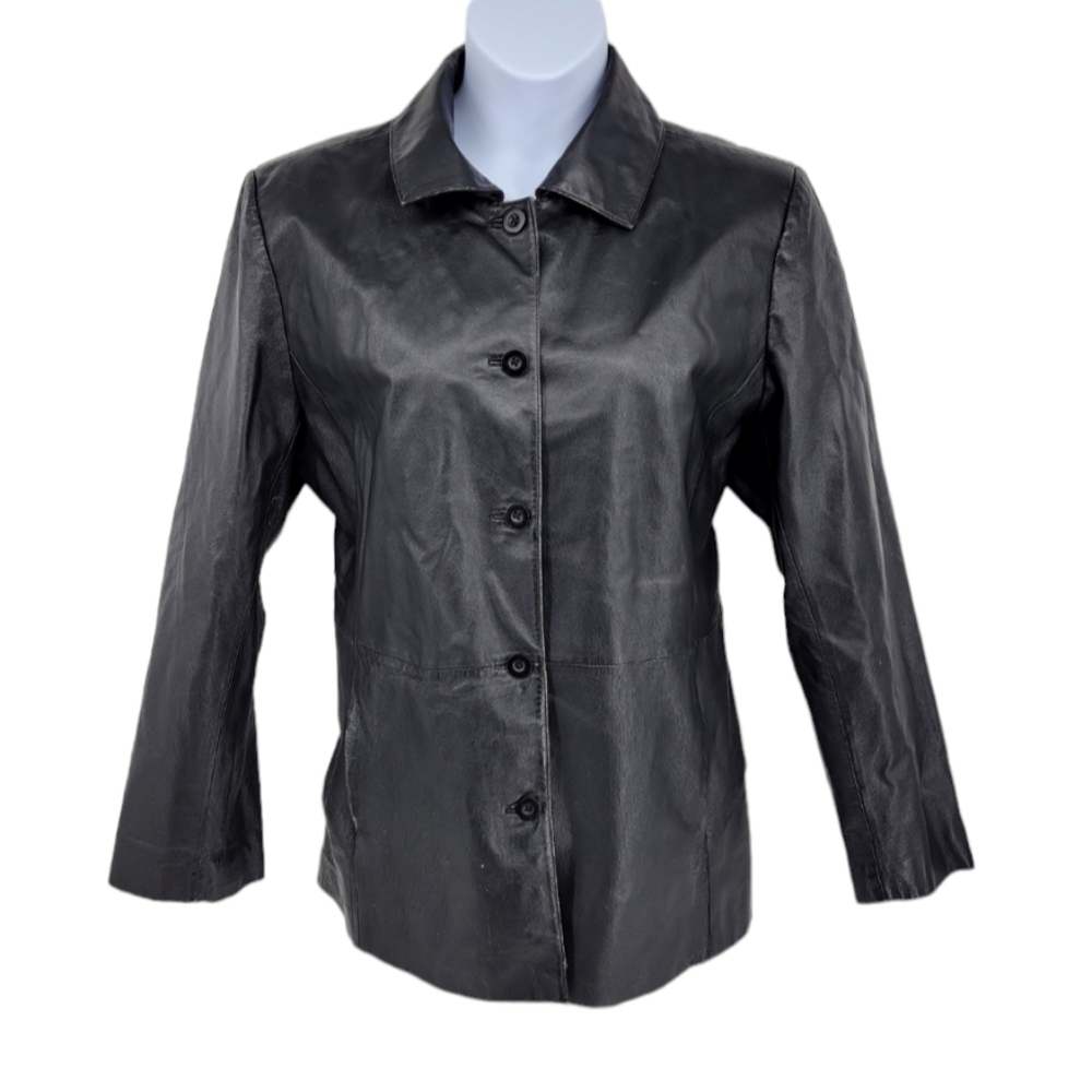 Chadwick Black Leather Button Front‎ Jacket With Two Front Pockets Distressed XL